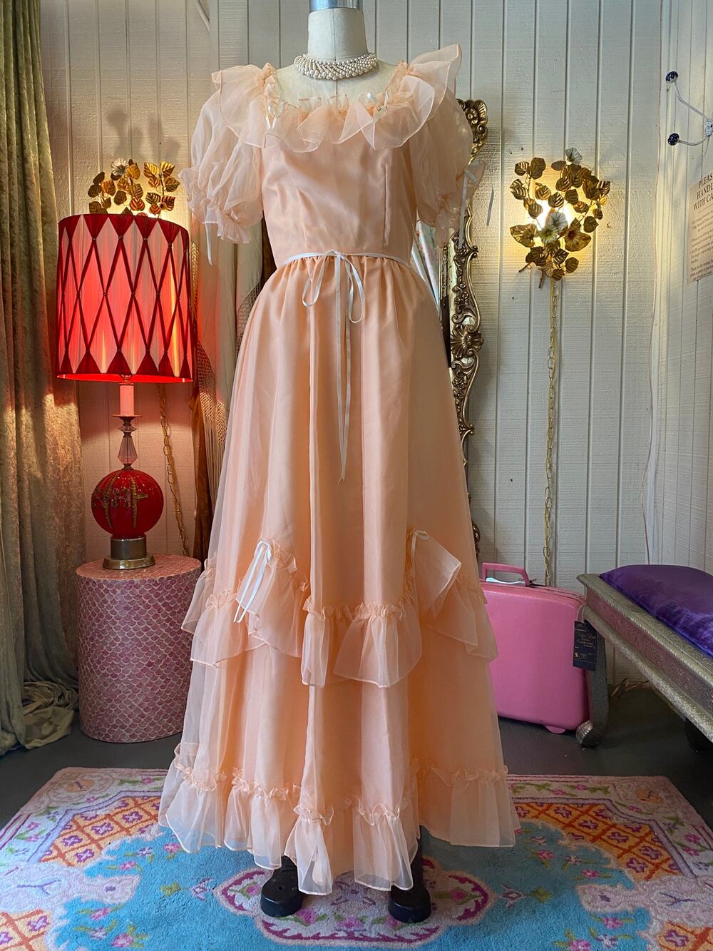 vintage 1980s sheer chiffon party dress, 80s prom, ruffled, puff sleeves, bows s